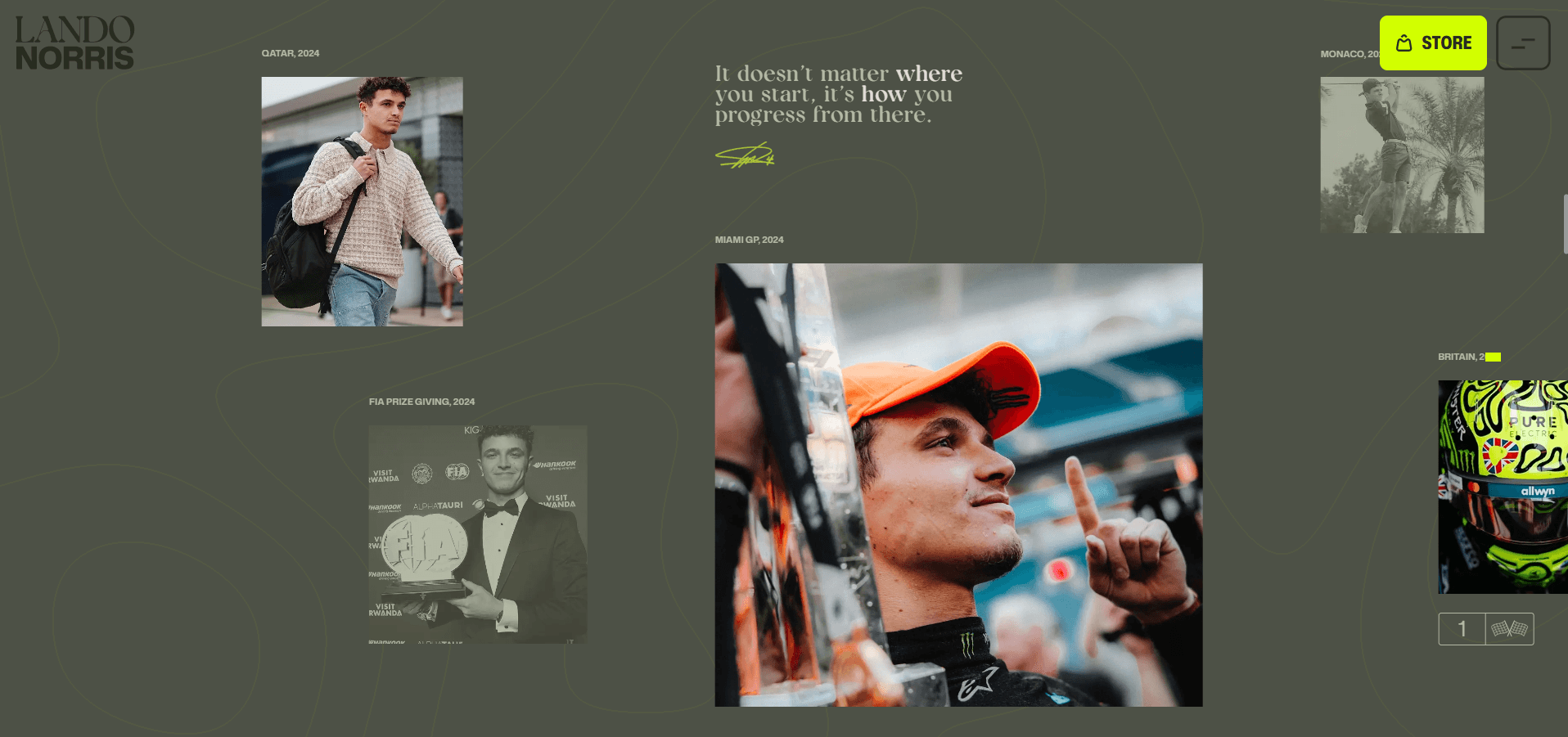 Screenshot of the landonorris.com homepage with its smooth, animated hero section