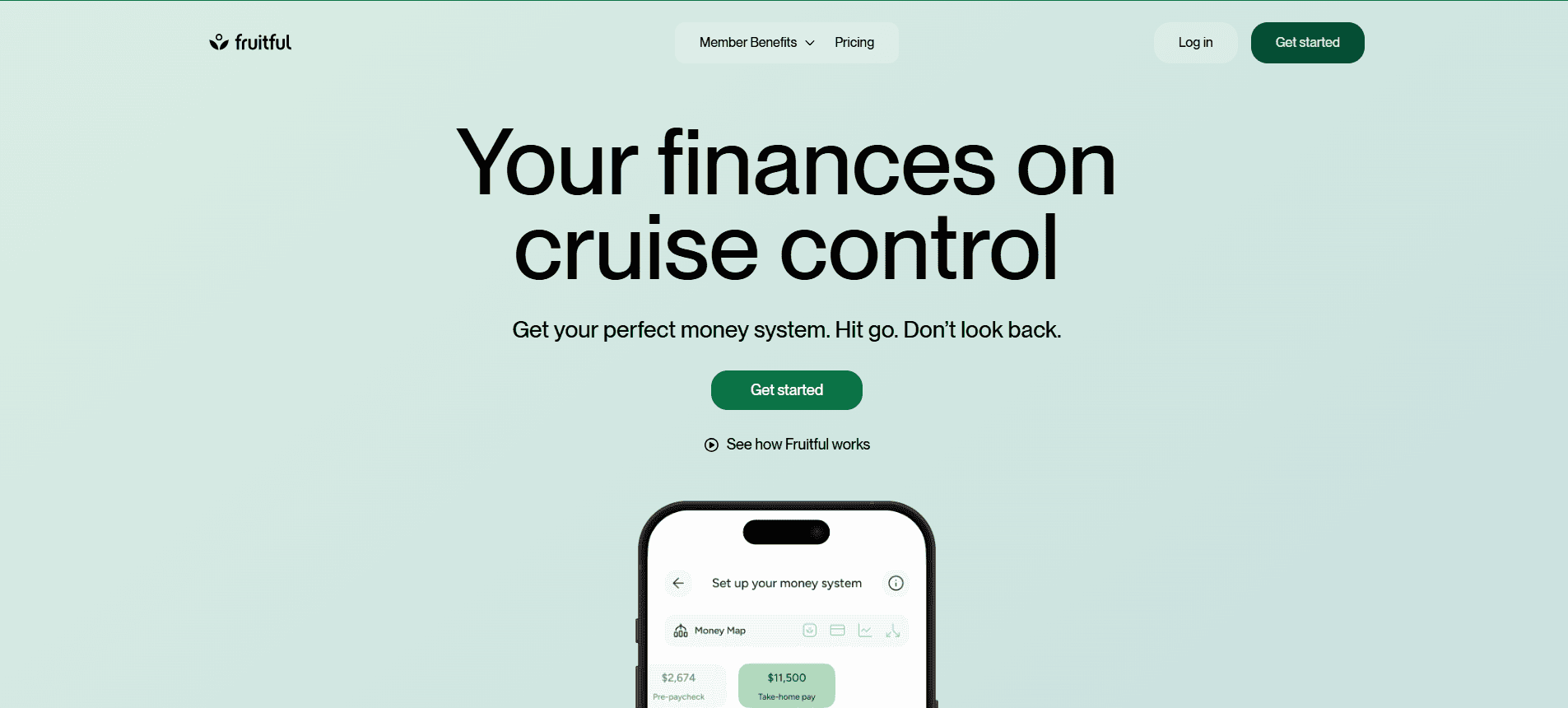 Screenshot of the fruitful.com homepage, a finance site with bright greens and warm peachy colours