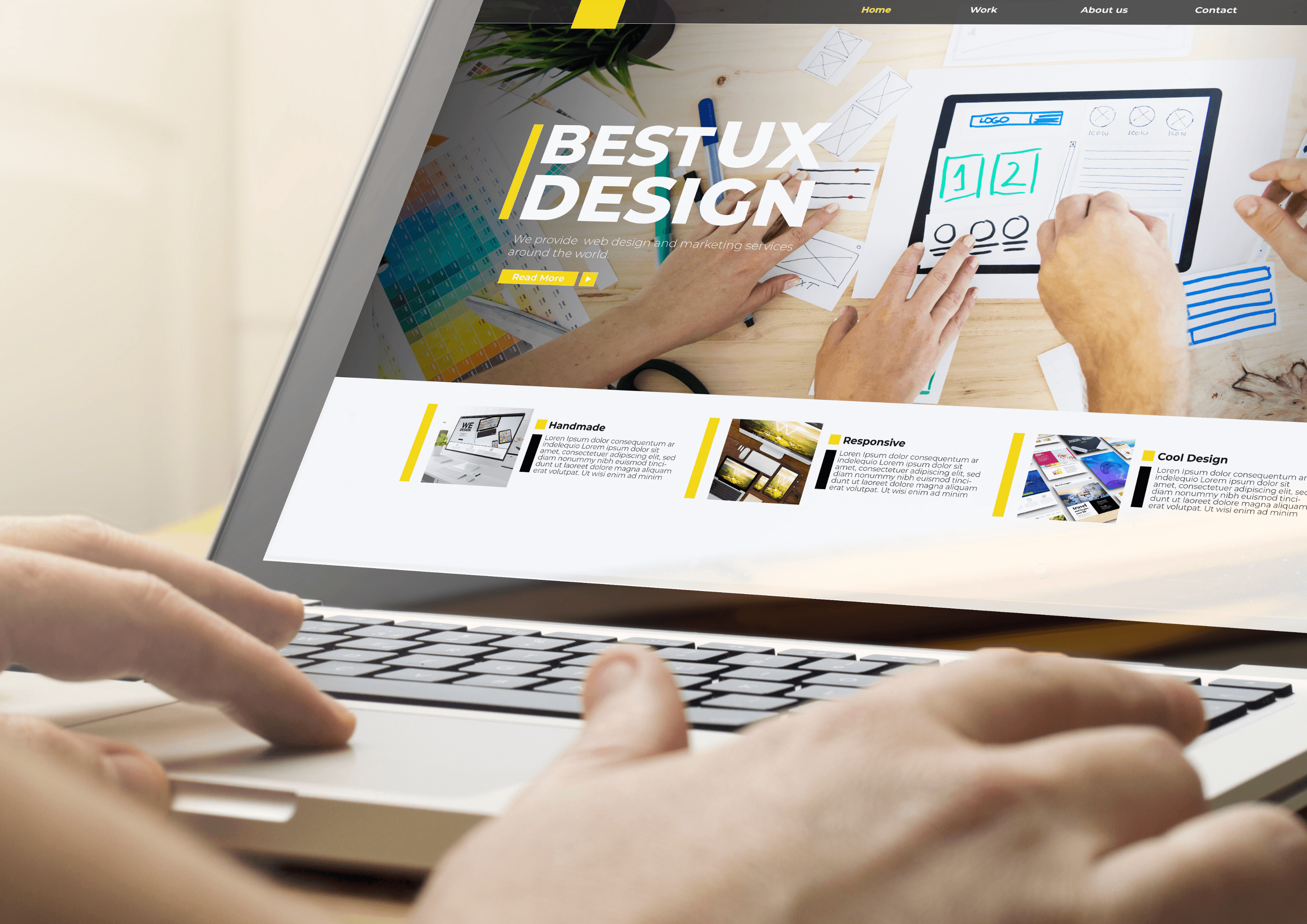 A laptop screen showing a generic web design agency template
