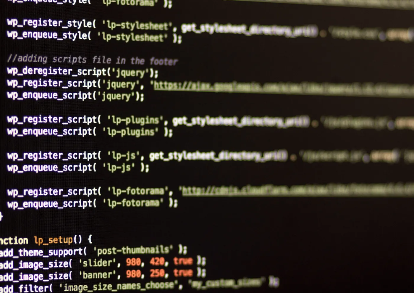 WordPress theme code displayed on a dark screen
