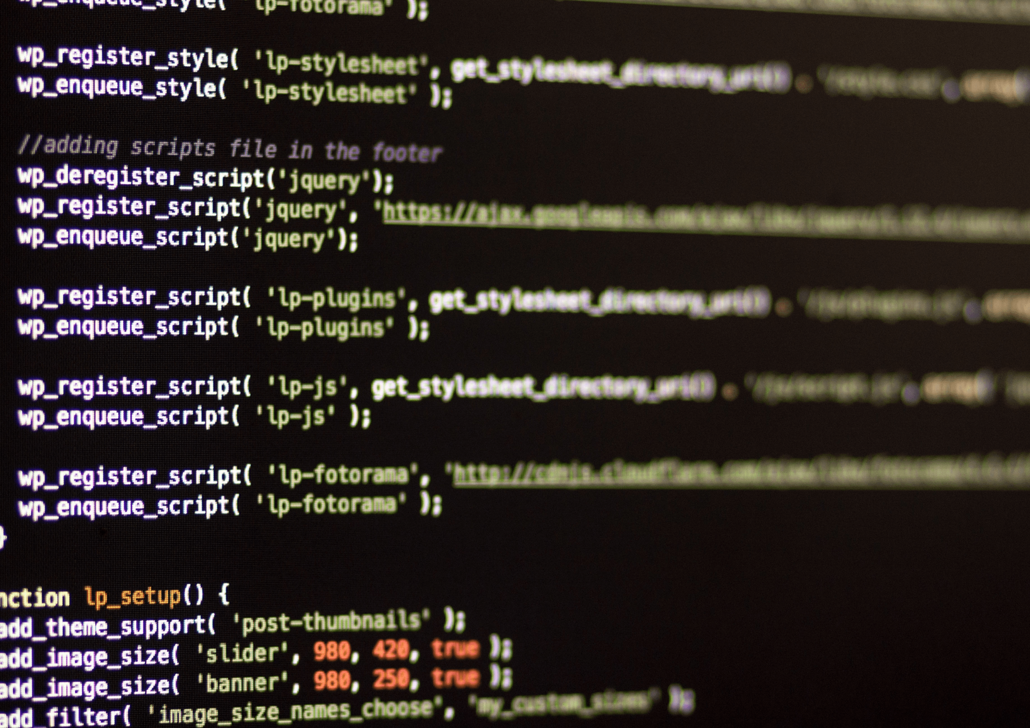 WordPress theme code displayed on a dark screen