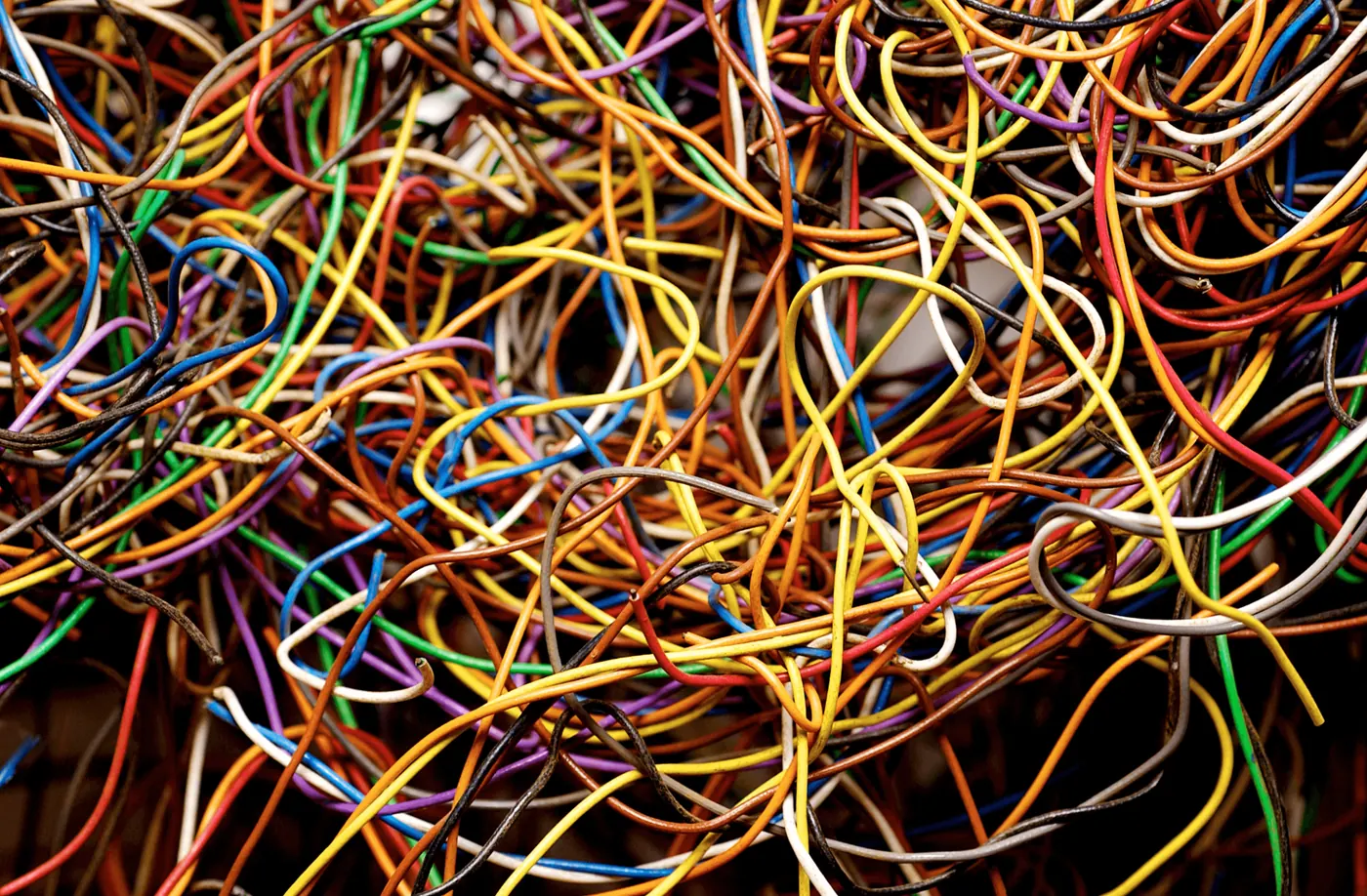 A dense tangle of brightly coloured wires, much like the HTML WordPress page builders produce