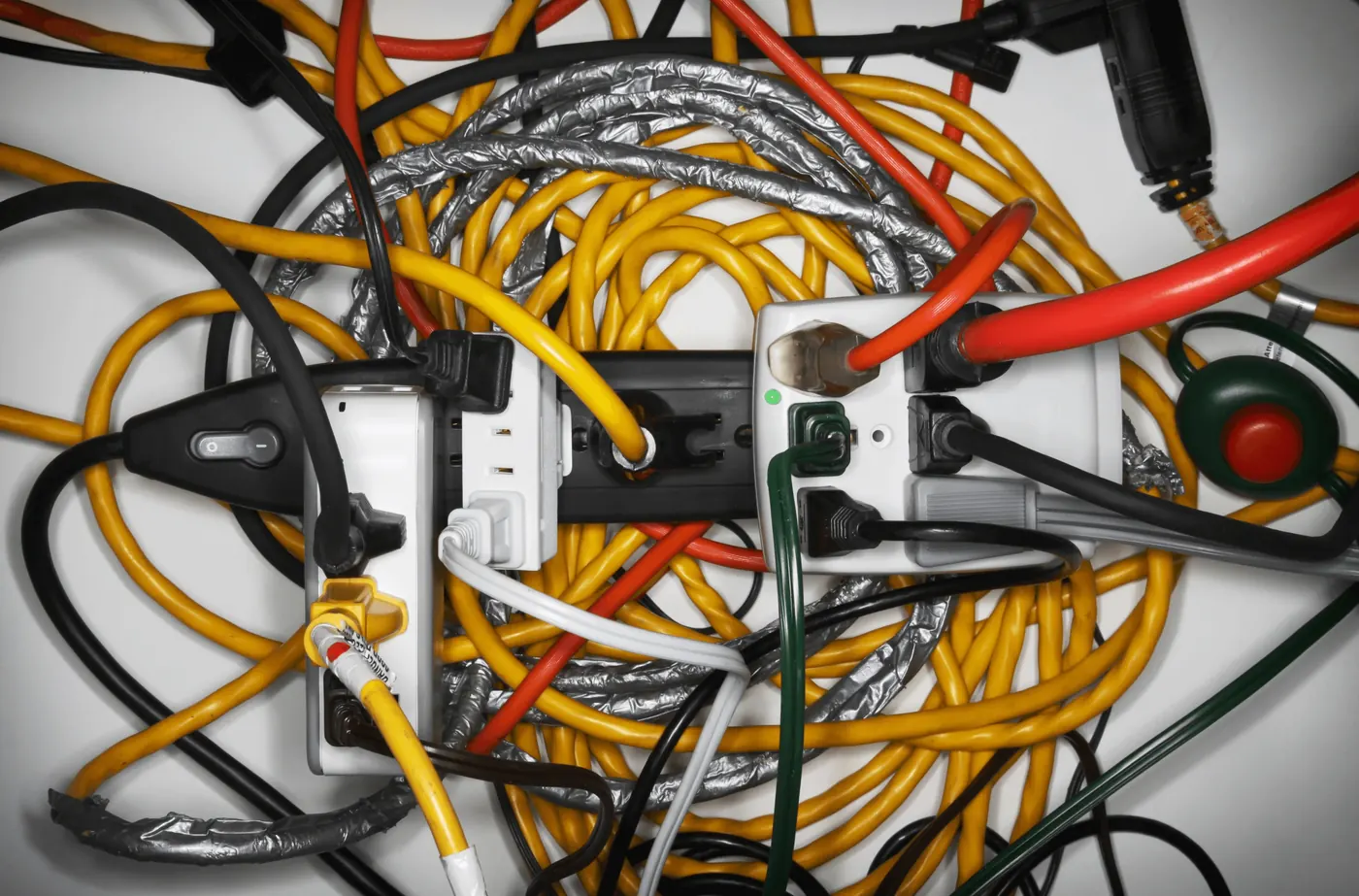 Extension leads and power strips plugged into each other in a knotted mess