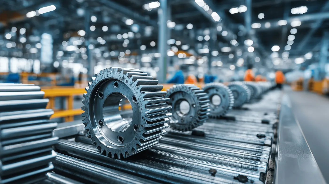 A row of interchangeable metal cogs on a factory production line