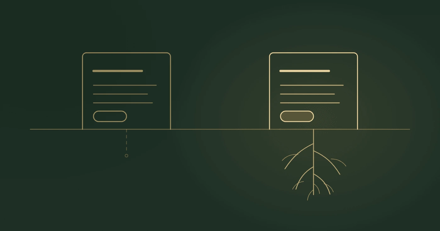 Two identical page outlines above a ground line: one with a wire dangling into nothing, one with a full root system beneath it